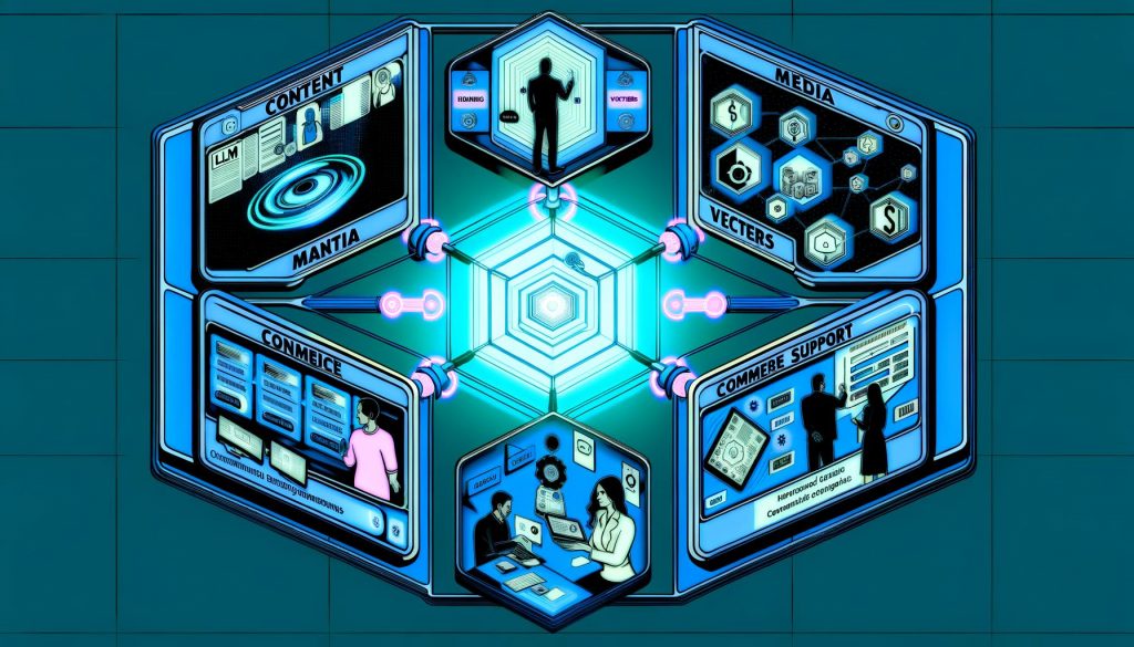 Cinematische isometrische Illustration eines futuristischen Marketing Operating Systems: leuchtender Hex‑Kern mit LLM‑, Vektor‑ und Pipeline‑Icons verbindet Content, Media, CRM, Commerce und Support über transparente Neon‑Datenleitungen; Vignetten mit GenAI‑Assets, Gebotsdashboard, Kunden‑Embeddings, Shop‑Agent und Support‑Copilot; technische Overlays (Kafka/PubSub, Feature Store, Vektor‑DB, Guardrails, Monitoring für Uplift, LTV‑Prognose, NDCG, Halluzinationsrate); Privacy‑Motive mit Server‑Side‑Tags, Clean‑Room‑Handshake und Consent‑Mode‑Toggle; diverse Menschen, Runbooks und GitOps‑Versionsbaum in kühlem Blau/Cyan mit warmen Akzenten.