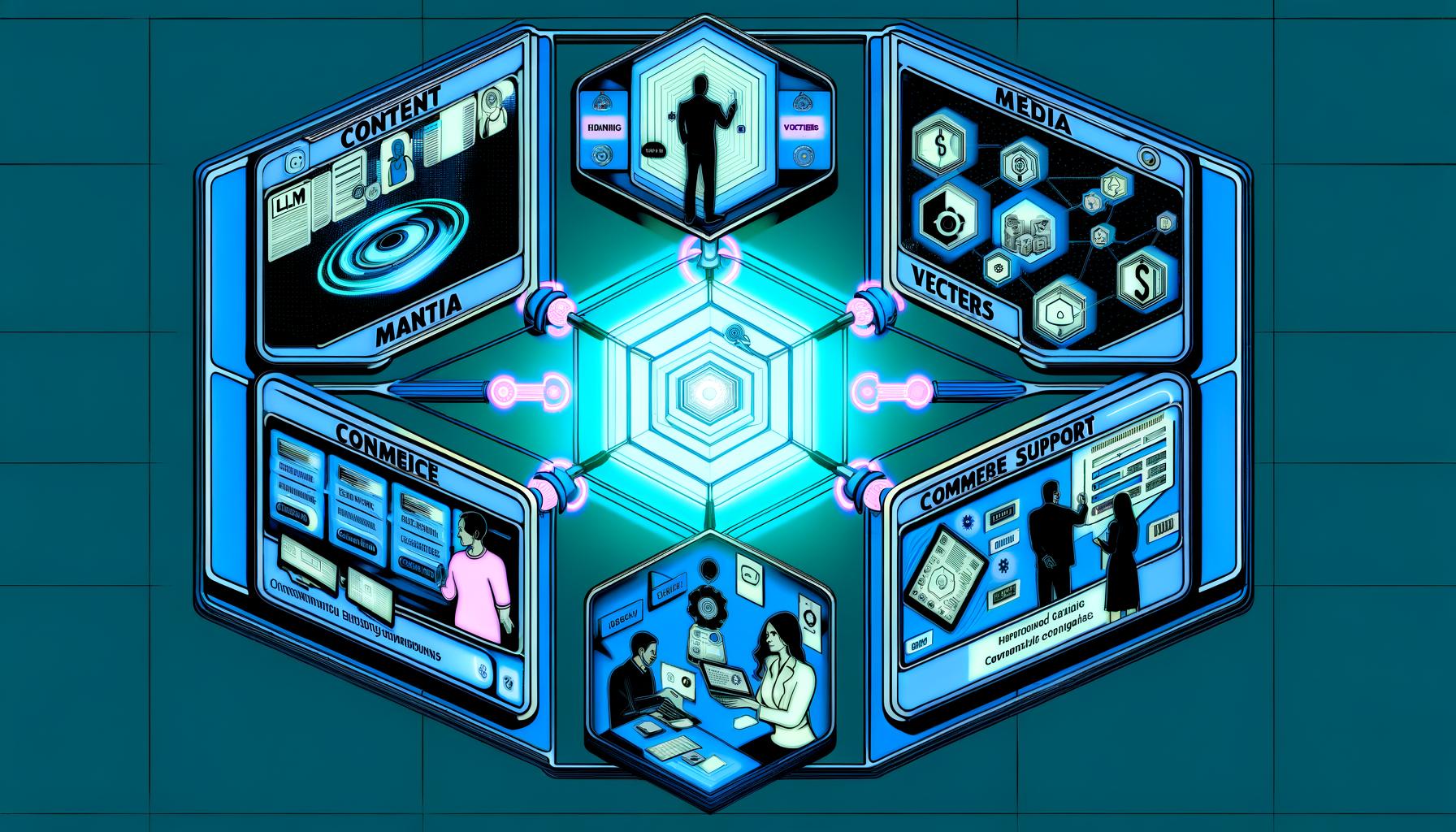 Cinematische isometrische Illustration eines futuristischen Marketing Operating Systems: leuchtender Hex‑Kern mit LLM‑, Vektor‑ und Pipeline‑Icons verbindet Content, Media, CRM, Commerce und Support über transparente Neon‑Datenleitungen; Vignetten mit GenAI‑Assets, Gebotsdashboard, Kunden‑Embeddings, Shop‑Agent und Support‑Copilot; technische Overlays (Kafka/PubSub, Feature Store, Vektor‑DB, Guardrails, Monitoring für Uplift, LTV‑Prognose, NDCG, Halluzinationsrate); Privacy‑Motive mit Server‑Side‑Tags, Clean‑Room‑Handshake und Consent‑Mode‑Toggle; diverse Menschen, Runbooks und GitOps‑Versionsbaum in kühlem Blau/Cyan mit warmen Akzenten.