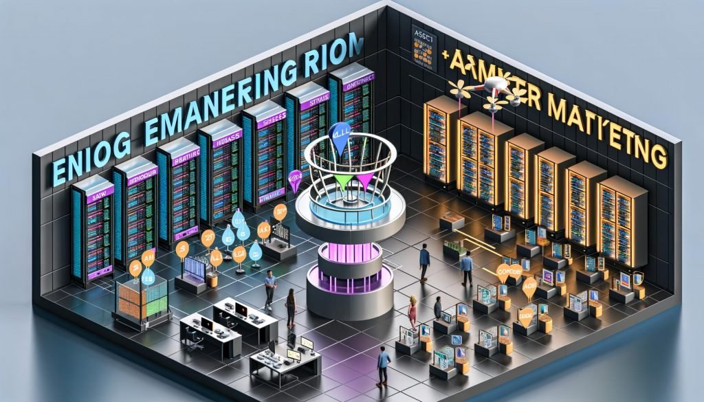 Isometrische Editorial-Illustration eines KI-Marketing-Stacks als Maschinenraum: Team am Touch-Kontrollpult mit Metriken (CTR-Lift, NDCG@K, ROC-AUC), dahinter Lakehouse, Feature Store, Vektor-DB (Embeddings), Model Registry, zentraler LLM+RAG-Kern, Förderbänder für generierte Assets ins Kreativ-Labor, Realtime-Inference mit Edge-CDN, Testzone (A/B, Bandits, RL) und Governance-Mezzanin mit Audit-Logs und Kill-Switch.