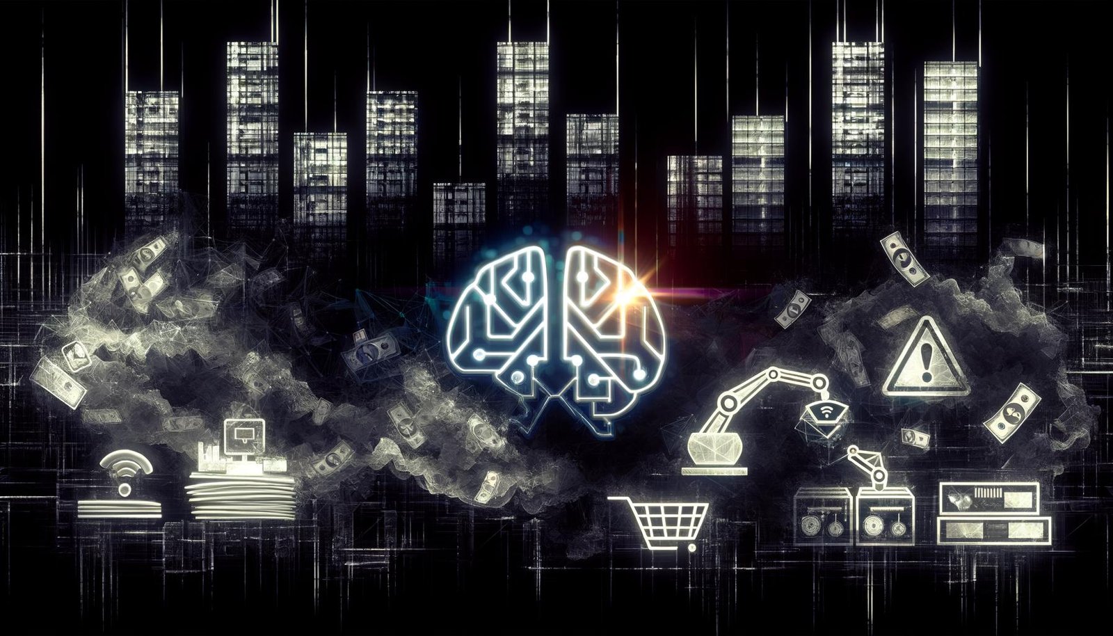 Metallisches KI-Gehirn verwandelt sich in fehlerhafte Schaltkreise über zerfallenden Tabellen, Rechtsdokumenten und Risikocharts; im Hintergrund kollabierende und wachsende Rechenzentren mit wirtschaftlichen und regulatorischen Symbolen.