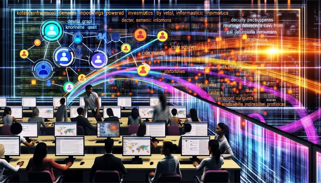 Modernes Büro mit digitalen Wissens-Displays: Knowledge-Graphen, Vektorsuche, zitierte Dokumentausschnitte, farbige Datenpipelines, Sicherheit und Observability-Dashboard.