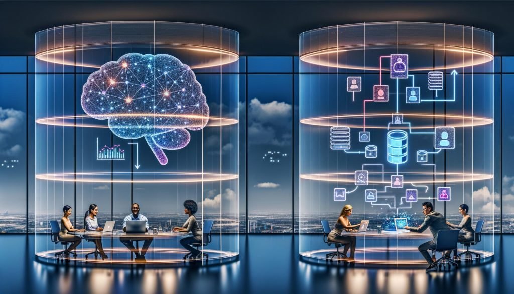 Futuristisches Büro mit vielfältigem Marketing‑Team, holografischen Analysen und einem leuchtenden KI‑Gehirn, das Kampagnen über Ads, E‑Mail und CRM automatisiert; Marketing‑Stack von Datenquellen über Cloud‑Verarbeitung bis zu KI‑Modellen, mit ROI‑Dashboards und Compliance‑Icons.