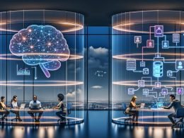 Futuristisches Büro mit vielfältigem Marketing‑Team, holografischen Analysen und einem leuchtenden KI‑Gehirn, das Kampagnen über Ads, E‑Mail und CRM automatisiert; Marketing‑Stack von Datenquellen über Cloud‑Verarbeitung bis zu KI‑Modellen, mit ROI‑Dashboards und Compliance‑Icons.