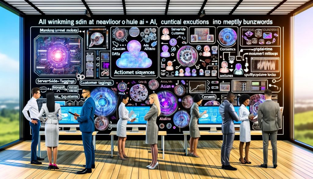 Hightech-Marketing-Arbeitsplatz: Diverses Team optimiert ML-Modelle, Datenpipelines und Echtzeit-Customer-Journeys an großen Bildschirmen; KI-generierte Inhalte, Server‑Side‑Tagging, Consent-Checks und Sicherheitssymbole; Whiteboards mit KPIs und Compliance-Workflows.