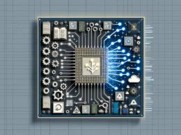 Illustration eines neuronalen Netzwerks, das aus einem Computerchip auf einer Leiterplatte wächst; links Symbolik der symbolischen KI (Zahnräder, Regelbücher), rechts Deep-Learning-Elemente mit Datenströmen, Attention-Diagrammen und Token-Symbolen; Datenpipeline mit Cloud-Icons, GPU-Chips und Sicherheitsschildern; Blau-Weiß-Grau mit Neongelb.