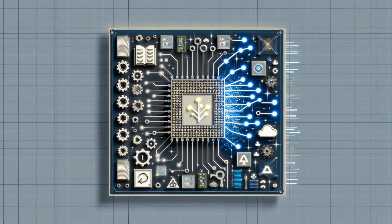 Illustration eines neuronalen Netzwerks, das aus einem Computerchip auf einer Leiterplatte wächst; links Symbolik der symbolischen KI (Zahnräder, Regelbücher), rechts Deep-Learning-Elemente mit Datenströmen, Attention-Diagrammen und Token-Symbolen; Datenpipeline mit Cloud-Icons, GPU-Chips und Sicherheitsschildern; Blau-Weiß-Grau mit Neongelb.