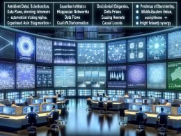 Moderner Marketing-Kontrollraum mit Datenwissenschaftlern und Marketern vor leuchtenden Dashboards; transparente KPIs, Datenflüsse, kausale Modelle, Serverracks und KI-gestützte Architektur.