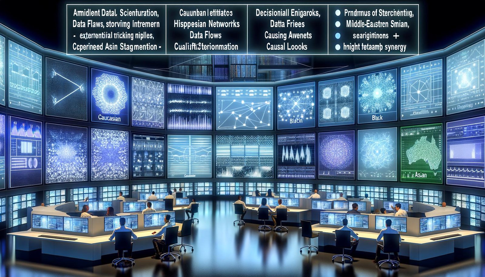 Moderner Marketing-Kontrollraum mit Datenwissenschaftlern und Marketern vor leuchtenden Dashboards; transparente KPIs, Datenflüsse, kausale Modelle, Serverracks und KI-gestützte Architektur.