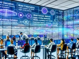 Futuristischer Kollaborationsraum: interdisziplinäres Team vor großen Displays mit Algorithmen, Code und Marketing-KPIs; holografische Datenströme, Sprachmodelle, Vektor-Datenbanken und Edge-Geräte; Roadmap von Datenaufnahme bis MLOps und Wachstum.