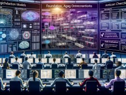 Dynamischer High-Tech-Kontrollraum mit diversen Teams vor Bildschirmen zu neuronalen Netzen, Datenpipelines, Echtzeit-Analytics und Compliance; im Vordergrund transparente Anzeige zu Foundation Models, RAG, Agent-Orchestrierung und KPIs; EU AI Act und Governance-Checklisten im Hintergrund.