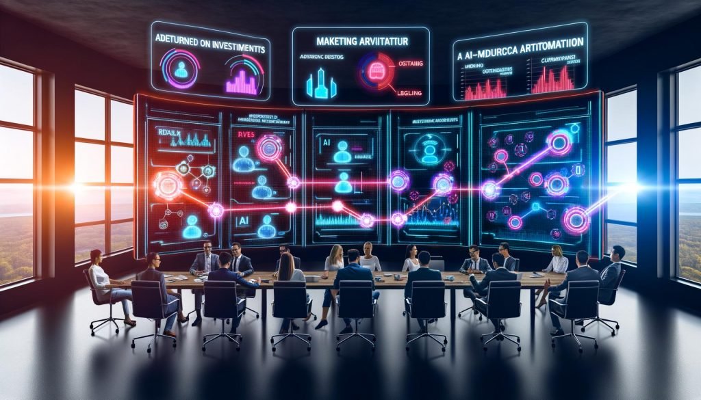 Futuristischer Marketing-Kontrollraum mit KI-Dashboards, Neon-Datenströmen und Team aus Marketing, Data Science, Engineering und Legal.