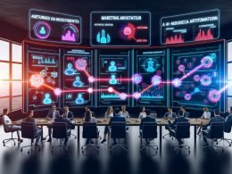 Futuristischer Marketing-Kontrollraum mit KI-Dashboards, Neon-Datenströmen und Team aus Marketing, Data Science, Engineering und Legal.