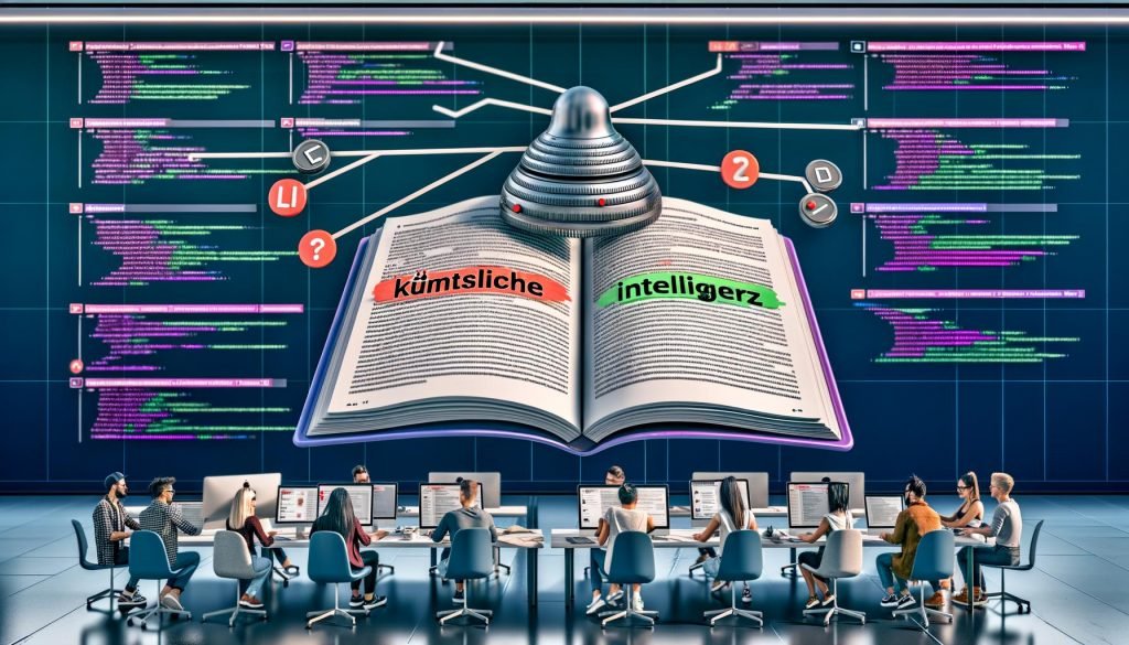 Digitales Büro mit offenem deutschen Stilhandbuch („künstliche Intelligenz“, „KI“, „maschinelles Lernen“), Linter-Warnungen, Checklisten und JSON‑LD; Redaktion, SEOs und Entwickler vor SEO‑Dashboards und mehrsprachiger Sitemap; subtile Verweise auf ChatGPT, OpenAI und Midjourney.