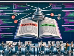 Digitales Büro mit offenem deutschen Stilhandbuch („künstliche Intelligenz“, „KI“, „maschinelles Lernen“), Linter-Warnungen, Checklisten und JSON‑LD; Redaktion, SEOs und Entwickler vor SEO‑Dashboards und mehrsprachiger Sitemap; subtile Verweise auf ChatGPT, OpenAI und Midjourney.