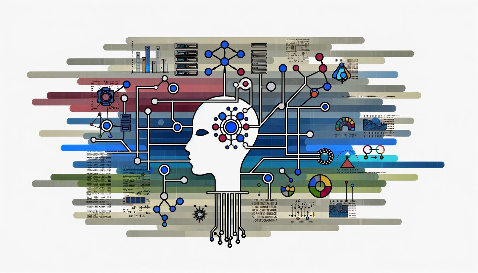 Moderne Editorial-Illustration: neutraler Roboterkopf mit farbigen Datenströmen zu ML-Bausteinen – Entscheidungsbäume, neuronale Netze, y=mx+b, Serverracks, Chips und zentrales GPU-Symbol; Labels für Datenpipeline, MLOps, Vektordatenbank und Prompt Engineering; schemenhafte Alltagsanwendungen im Hintergrund.