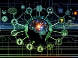 Dynamische Editorial‑Illustration: ein stilisiertes menschliches Gehirn ist mit mechanischen neuronalen Netzen und leuchtenden Schaltkreisen überlagert; verknüpfte Knoten formen einen kollektiven Knowledge Graph aus Menschen und digitalen Agenten. Überlagert sind Icons für Analytik, Kreativität (Glühbirne), soziale Verbindung (Handschlag), körperliche Fähigkeiten (athletische Figur) und Teamwork. Hintergrund mit klaren Linien, geometrischen Formen und kühlen Blau‑/Grüntönen plus orangefarbenen Akzenten.