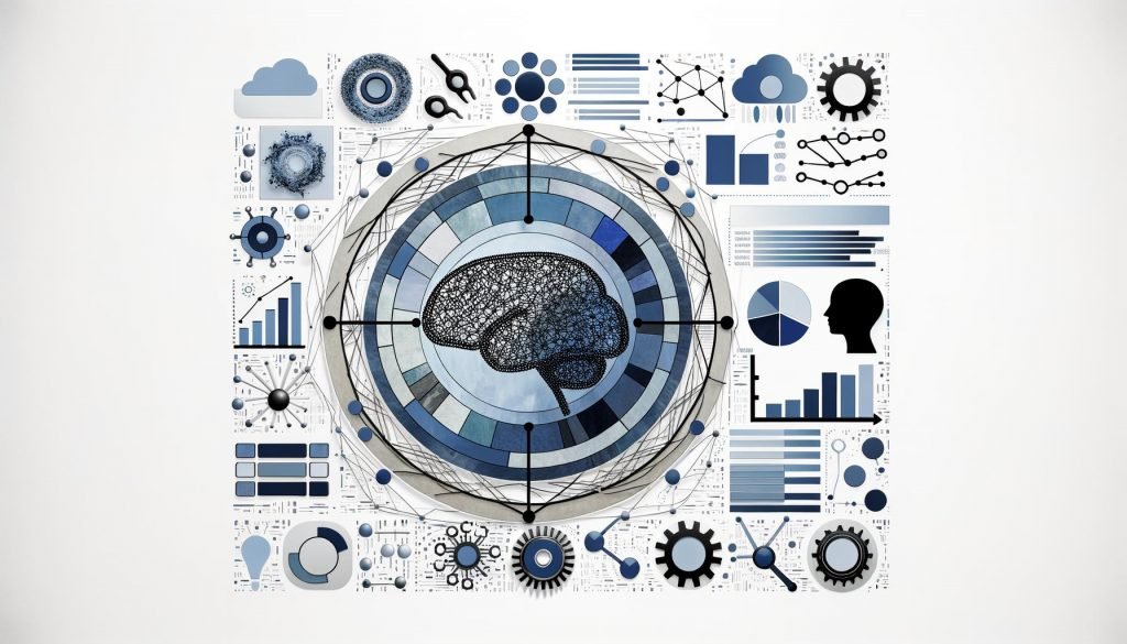 Minimalistische KI-Collage mit neuronaler Netzgrafik, Datenfluss, Symbolen für Statistik, Optimierung und GPUs; dezente Alltagsanwendungen im Hintergrund.