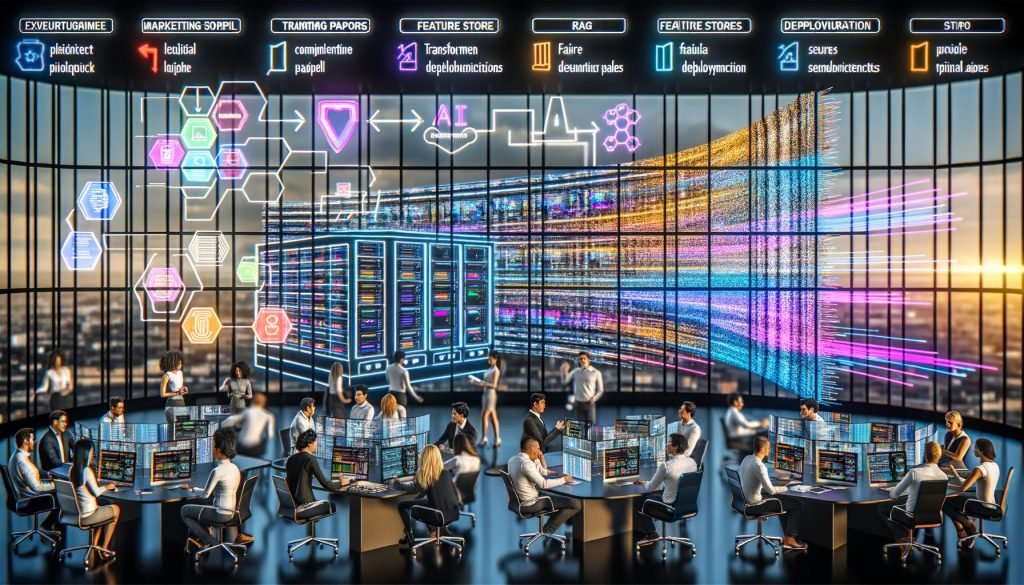 Futuristischer KI-Marketing-Kontrollraum mit diversen Teams, transparenten Displays, Diagrammen zu Transformer, RAG und LoRA, farbigen Datenflüssen, Feature Stores sowie Compliance- und Sicherheits-Symbolen.