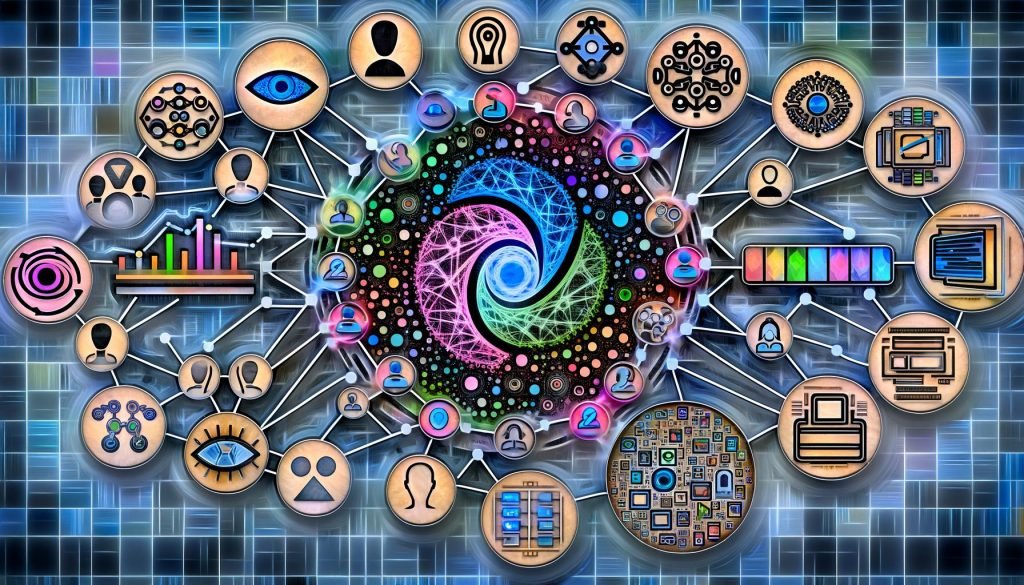 Dynamische Collage-Infografik über KI in Marketing und Tech mit Symbolen für LLMs, Vision, Audio, Video, Tabular und Empfehlungssysteme; Logos von OpenAI, Google, Meta, Anthropic, Mistral, Cohere; GPU-, Kontextfenster-, Token- und Sicherheits-Icons; Verbindungen zu Cloud, On-Premises und Edge; Compliance-, Kosten- und Governance-Symbole.