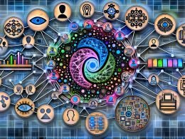 Dynamische Collage-Infografik über KI in Marketing und Tech mit Symbolen für LLMs, Vision, Audio, Video, Tabular und Empfehlungssysteme; Logos von OpenAI, Google, Meta, Anthropic, Mistral, Cohere; GPU-, Kontextfenster-, Token- und Sicherheits-Icons; Verbindungen zu Cloud, On-Premises und Edge; Compliance-, Kosten- und Governance-Symbole.