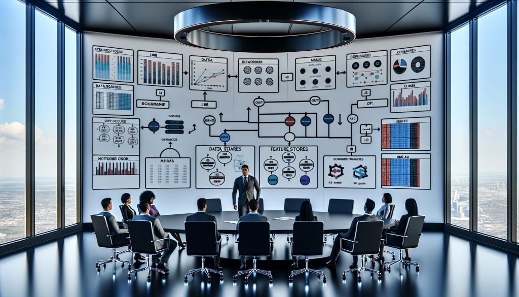 Schlichter, moderner Marketing-War-Room mit Bildschirmen voller geordneter Daten-Dashboards, Flowcharts und vernetzter KI-Komponenten (LLMs, Datenpipelines, Feature Store, MLOps); diverses Team bespricht Strategien, sichtbare KPI-Grafiken, Compliance-Checklisten und transparente Kostenkontrolle; minimalistische, professionelle Farbpalette.