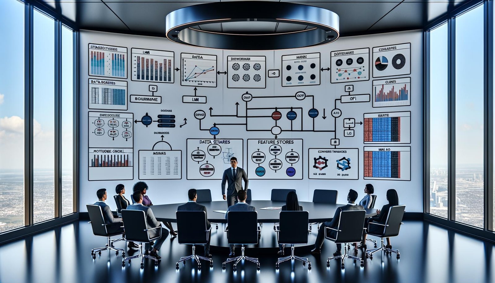 Schlichter, moderner Marketing-War-Room mit Bildschirmen voller geordneter Daten-Dashboards, Flowcharts und vernetzter KI-Komponenten (LLMs, Datenpipelines, Feature Store, MLOps); diverses Team bespricht Strategien, sichtbare KPI-Grafiken, Compliance-Checklisten und transparente Kostenkontrolle; minimalistische, professionelle Farbpalette.