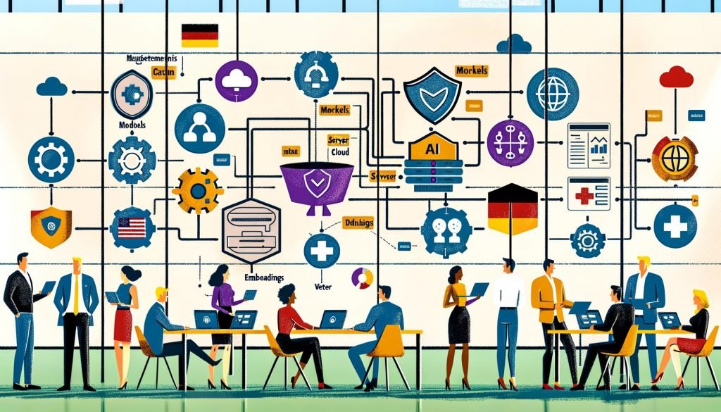 Editorial-Illustration: Marketer:innen aus Deutschland, Österreich und der Schweiz prüfen vernetzte Diagramme und Dashboards zu LLMs, DSGVO/EU AI Act, Cloud/On-Prem, Vektordatenbanken, Embeddings, Content-Pipelines und Guardrails; auditbereit und professionell.