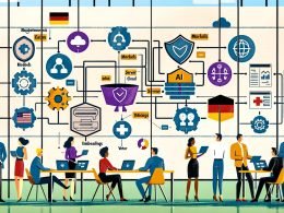 Editorial-Illustration: Marketer:innen aus Deutschland, Österreich und der Schweiz prüfen vernetzte Diagramme und Dashboards zu LLMs, DSGVO/EU AI Act, Cloud/On-Prem, Vektordatenbanken, Embeddings, Content-Pipelines und Guardrails; auditbereit und professionell.