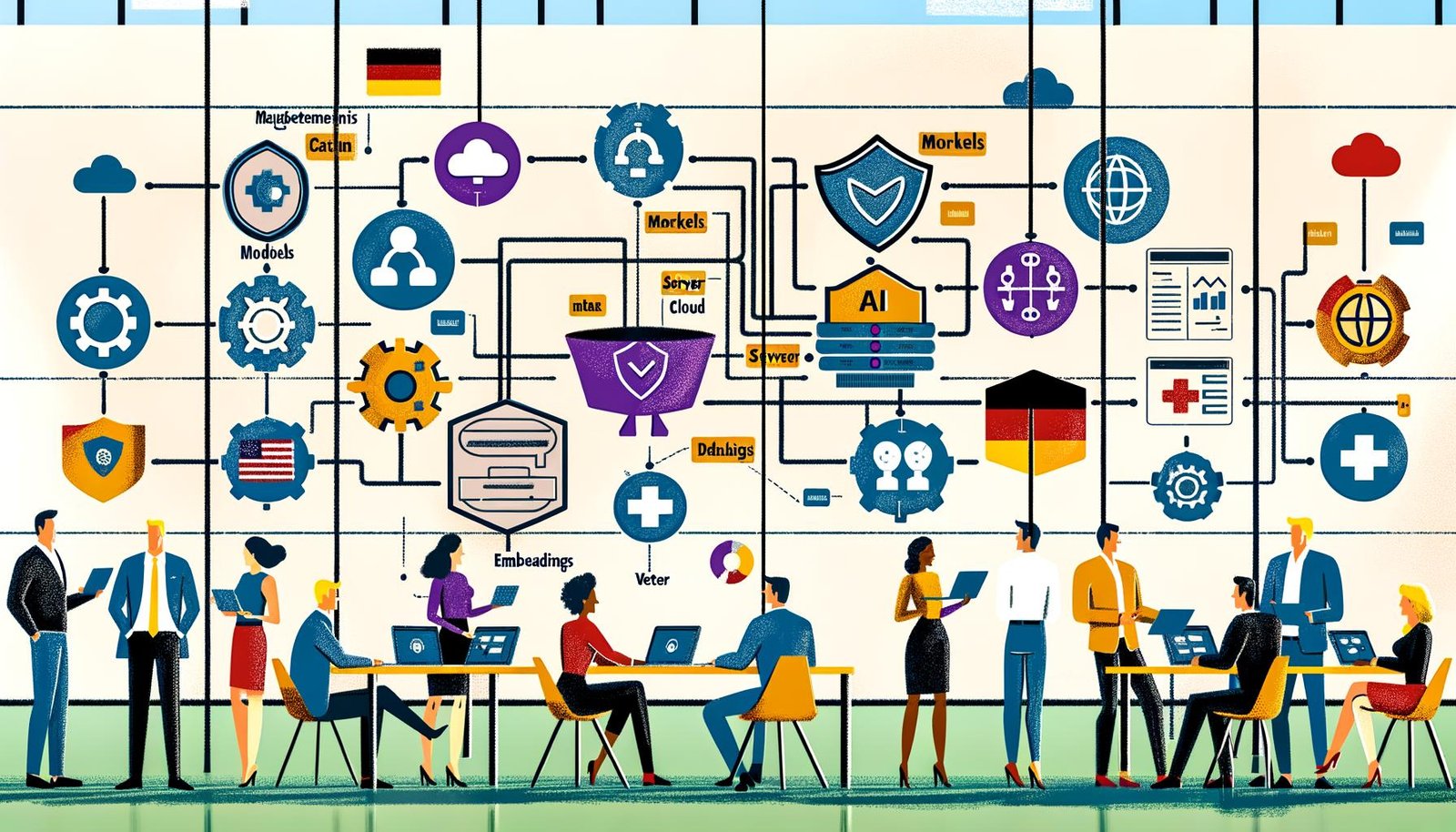 Editorial-Illustration: Marketer:innen aus Deutschland, Österreich und der Schweiz prüfen vernetzte Diagramme und Dashboards zu LLMs, DSGVO/EU AI Act, Cloud/On-Prem, Vektordatenbanken, Embeddings, Content-Pipelines und Guardrails; auditbereit und professionell.