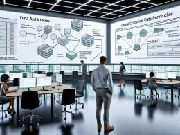 Moderner Workspace mit Multi-Monitor-Dashboards zu CDP, Consent-Logik und KPIs; Marketer prüft Datenverträge, Team diskutiert Architektur.