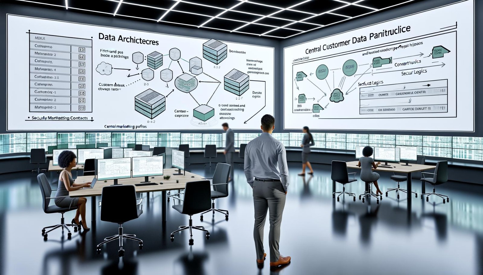Moderner Workspace mit Multi-Monitor-Dashboards zu CDP, Consent-Logik und KPIs; Marketer prüft Datenverträge, Team diskutiert Architektur.