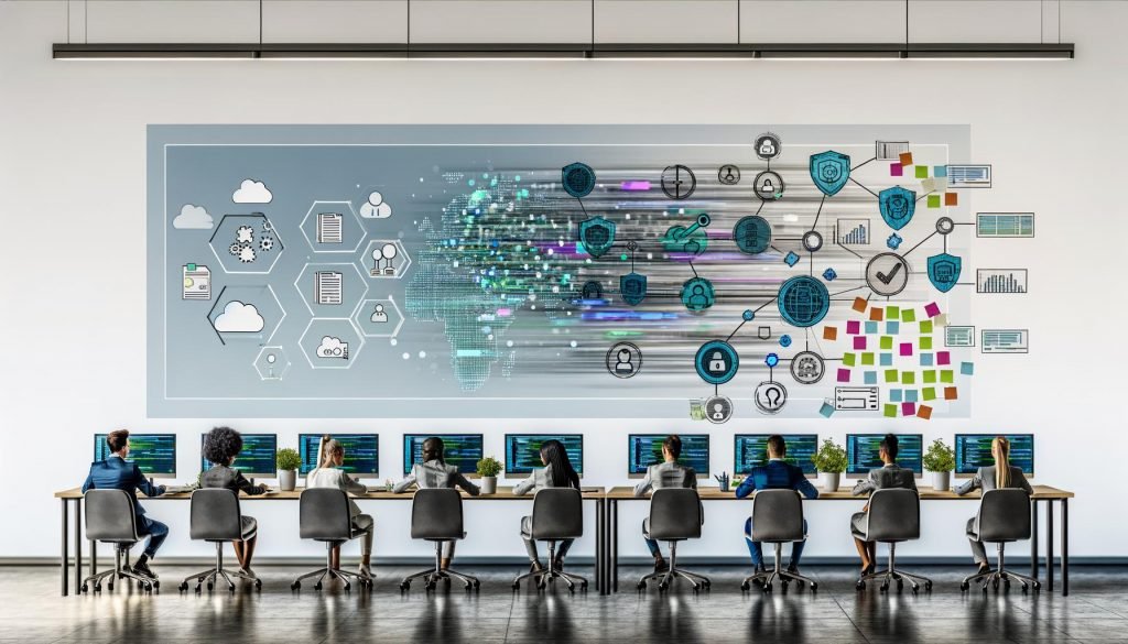 Moderne Illustration eines digitalen Arbeitsraums: diverse Fachleute arbeiten gemeinsam an transparenten Bildschirmen mit Datenflüssen, Diagrammen neuronaler Netze, KPI‑Dashboards und Sicherheits‑Icons; auf Schreibtischen Laptops/Tablets mit fließendem Code, Embeddings und Workflow‑Automatisierung; im Raum schweben Hinweise zu Vektordatenbanken, Cloud, Compliance‑Schutzschildern und einer Drei‑Schichten‑Architektur (Daten, Intelligenz, Interaktion) sowie Notizzettel, Checklisten und Visuals für Content‑, SEO‑ und Customer‑Support‑Automatisierung; kühles Blau‑Grau mit grünen Fortschrittsakzenten.
