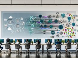 Moderne Illustration eines digitalen Arbeitsraums: diverse Fachleute arbeiten gemeinsam an transparenten Bildschirmen mit Datenflüssen, Diagrammen neuronaler Netze, KPI‑Dashboards und Sicherheits‑Icons; auf Schreibtischen Laptops/Tablets mit fließendem Code, Embeddings und Workflow‑Automatisierung; im Raum schweben Hinweise zu Vektordatenbanken, Cloud, Compliance‑Schutzschildern und einer Drei‑Schichten‑Architektur (Daten, Intelligenz, Interaktion) sowie Notizzettel, Checklisten und Visuals für Content‑, SEO‑ und Customer‑Support‑Automatisierung; kühles Blau‑Grau mit grünen Fortschrittsakzenten.