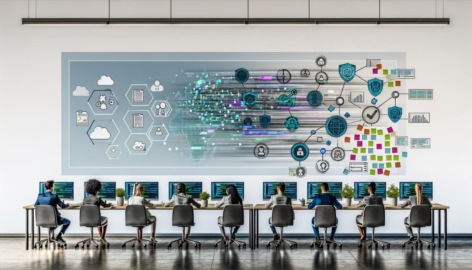 Moderne Illustration eines digitalen Arbeitsraums: diverse Fachleute arbeiten gemeinsam an transparenten Bildschirmen mit Datenflüssen, Diagrammen neuronaler Netze, KPI‑Dashboards und Sicherheits‑Icons; auf Schreibtischen Laptops/Tablets mit fließendem Code, Embeddings und Workflow‑Automatisierung; im Raum schweben Hinweise zu Vektordatenbanken, Cloud, Compliance‑Schutzschildern und einer Drei‑Schichten‑Architektur (Daten, Intelligenz, Interaktion) sowie Notizzettel, Checklisten und Visuals für Content‑, SEO‑ und Customer‑Support‑Automatisierung; kühles Blau‑Grau mit grünen Fortschrittsakzenten.