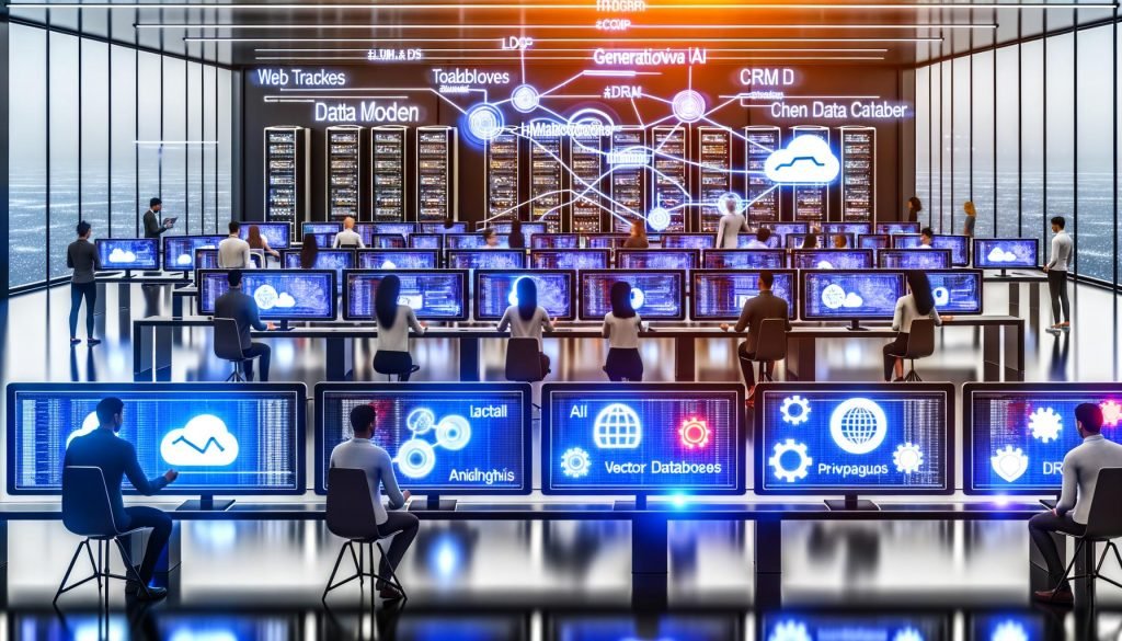 Hochmodernes Marketing‑Studio mit großen Touchscreens, auf denen Vektordatenbanken, KI‑Modelle, LLM‑Pipelines und Echtzeit‑Dashboards zu sehen sind; holografische Datenströme, Serverracks und Privacy‑Symbole im Hintergrund.