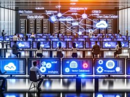 Hochmodernes Marketing‑Studio mit großen Touchscreens, auf denen Vektordatenbanken, KI‑Modelle, LLM‑Pipelines und Echtzeit‑Dashboards zu sehen sind; holografische Datenströme, Serverracks und Privacy‑Symbole im Hintergrund.