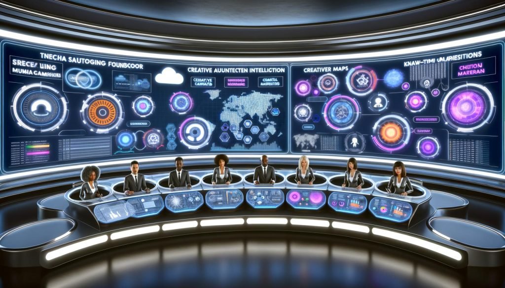 Futuristisches Marketing-Kommandozentrum mit kollaborierenden KI-Agenten vor Kurvenbildschirmen, die Dashboards, Grafiken, Ad‑Varianten, Wissensgraphen und Echtzeit‑Metriken zeigen; Technik‑ und Compliance‑Backbone im Hintergrund.