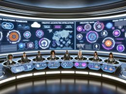 Futuristisches Marketing-Kommandozentrum mit kollaborierenden KI-Agenten vor Kurvenbildschirmen, die Dashboards, Grafiken, Ad‑Varianten, Wissensgraphen und Echtzeit‑Metriken zeigen; Technik‑ und Compliance‑Backbone im Hintergrund.