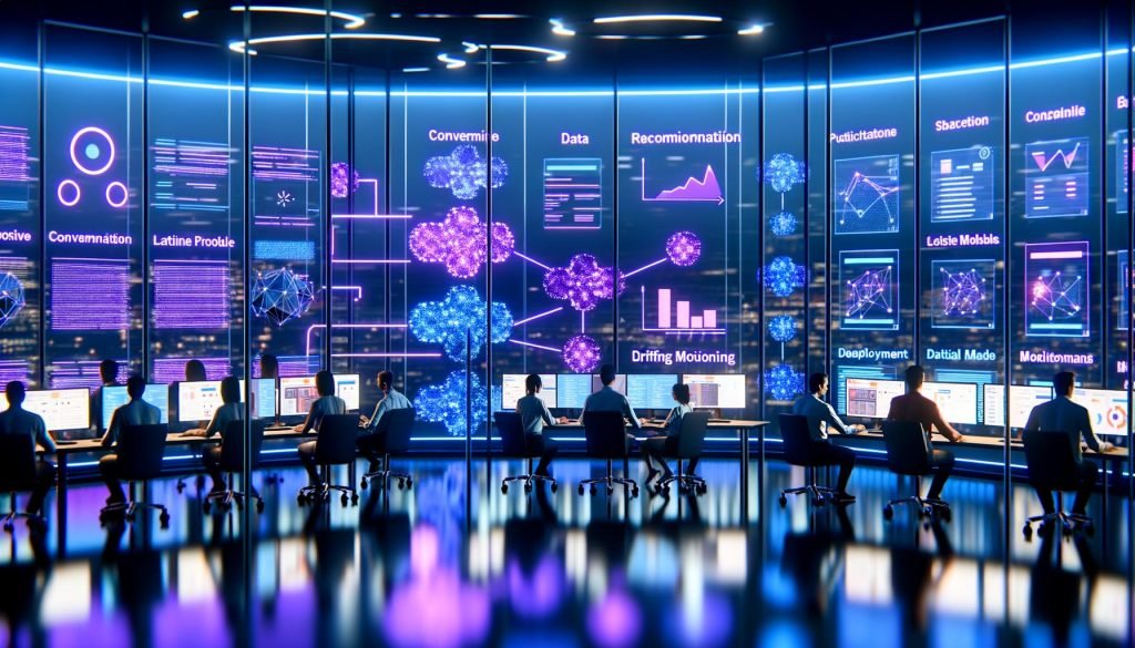 Hypermodernes Büro mit Neonlicht: Monitore zeigen Datenpipelines, Entscheidungsbäume und Empfehlungen; Team überwacht Conversion, A/B-Tests und Drift in Echtzeit.