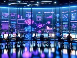 Hypermodernes Büro mit Neonlicht: Monitore zeigen Datenpipelines, Entscheidungsbäume und Empfehlungen; Team überwacht Conversion, A/B-Tests und Drift in Echtzeit.