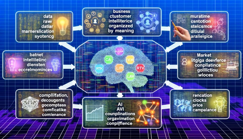 Mehrschichtige Marketing-Karte mit Datenstreams, CAC/LTV/ROAS, Identitätsgraphen, generativer KI und Compliance; alles mündet in ‚Measurable Performance & Scalable Growth‘.