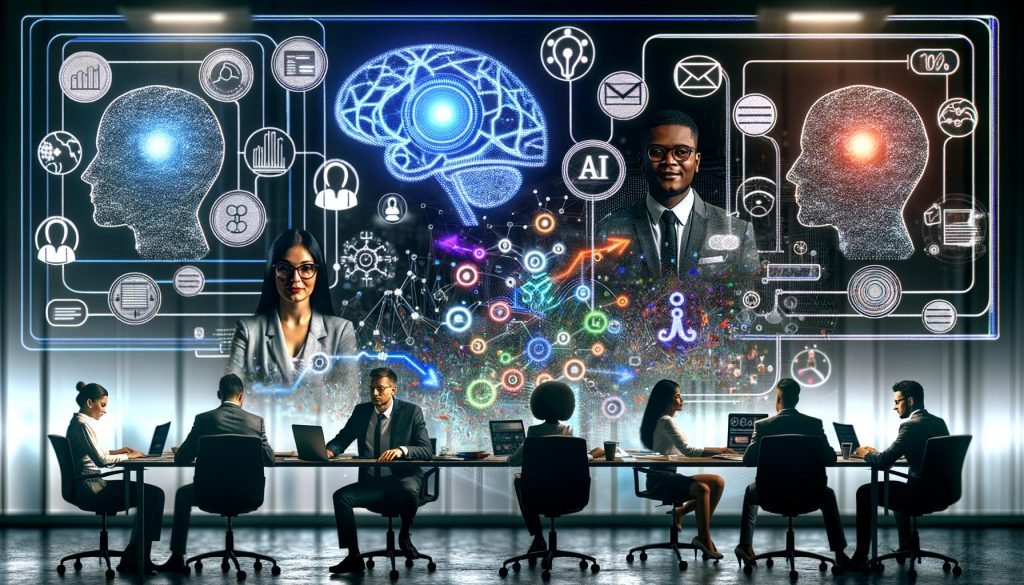 Futuristisches Büro mit diversen Marketing- und Data‑Expert:innen vor leuchtenden Dashboards; Hologramme zeigen Charts, Datenströme und Marketing‑Assets, während neuronale Netzwerke und Code CRM, Analytics und Content‑Workflows verbinden.