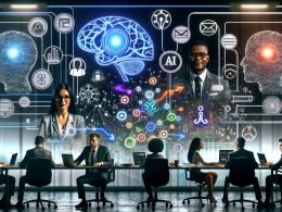 Futuristisches Büro mit diversen Marketing- und Data‑Expert:innen vor leuchtenden Dashboards; Hologramme zeigen Charts, Datenströme und Marketing‑Assets, während neuronale Netzwerke und Code CRM, Analytics und Content‑Workflows verbinden.