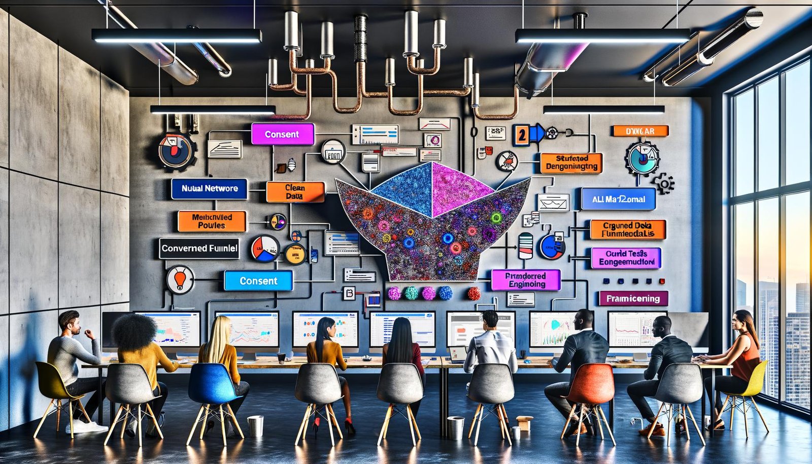 Diverse Marketer und Data Scientists arbeiten in einem modernen War‑Room an Laptops vor großen Displays mit farbigen Datenvisualisierungen: Conversion‑Funnels, A/B‑Testmetriken und Customer‑Journey‑Flows. Zu sehen sind Diagramme neuronaler Netze, LLM‑Modellebenen und strukturierte Datencharts; Post‑its mit „Consent“, „DSGVO“ und „Prompt Engineering“. Im Vordergrund eine Pipeline von sauberem Dateninput über Modellverarbeitung bis zu automatisierter Content‑Ausgabe; sachliche, zielorientierte Atmosphäre.