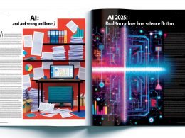 Magazin-Doppelseite mit starkem Kontrast: links überfülltes Analogbüro mit Papierstapeln, To-do-Listen und geöffneter PowerPoint, rechts futuristischer digitaler KI-Workspace mit leuchtenden Datenströmen, neuronalen Netzen, bunten Balkendiagrammen und Code; klare Trennlinie symbolisiert Kluft zwischen schwacher und starker KI; Slogan „KI 2025: Realismus statt Science-Fiction“.