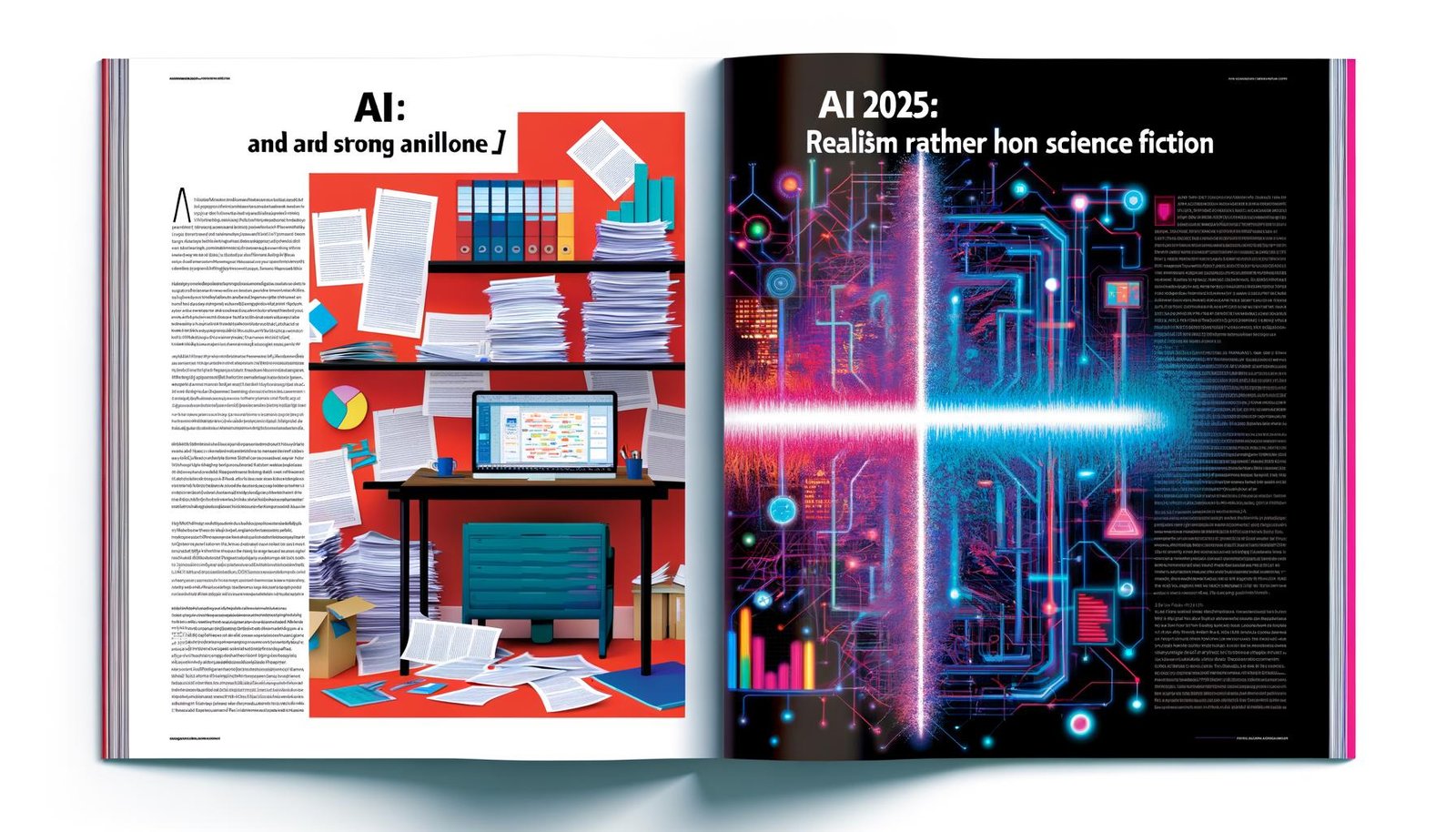 Magazin-Doppelseite mit starkem Kontrast: links überfülltes Analogbüro mit Papierstapeln, To-do-Listen und geöffneter PowerPoint, rechts futuristischer digitaler KI-Workspace mit leuchtenden Datenströmen, neuronalen Netzen, bunten Balkendiagrammen und Code; klare Trennlinie symbolisiert Kluft zwischen schwacher und starker KI; Slogan „KI 2025: Realismus statt Science-Fiction“.