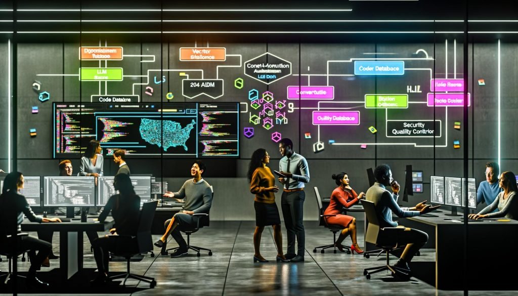 Lebendiges KI‑Workspace: Teams diskutieren Pipeline‑Flow (LLM, Vektordatenbank, Quality Control) und Copilot‑Code mit Guardrails; Wallboard zeigt Conversions, Kosten, Latenz.