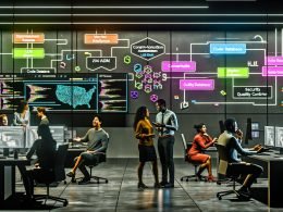 Lebendiges KI‑Workspace: Teams diskutieren Pipeline‑Flow (LLM, Vektordatenbank, Quality Control) und Copilot‑Code mit Guardrails; Wallboard zeigt Conversions, Kosten, Latenz.