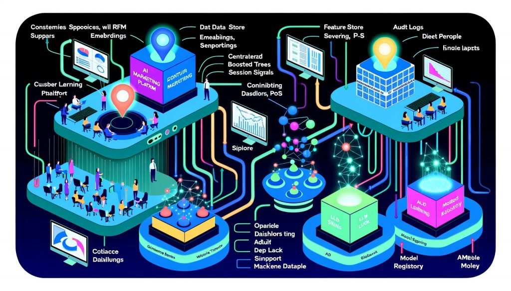 Querschnitt eines KI‑Marketing‑Stacks auf einer Magazin-Doppelseite: Datenquellen (Web, CRM, Ads, Support, POS) fließen per Kabel in eine CDP; Feature Store mit RFM, Embeddings und Session‑Signalen speist ML‑Modelle (Gradient Boosted Trees, Deep Learning, LLMs); darüber ESP, CMS, Monitoring, Audit Logs und Model Registry; blaue/grüne Echtzeitmetriken; Marketer überwachen Dashboards, verkabeln und führen A/B‑Tests durch.