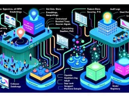Querschnitt eines KI‑Marketing‑Stacks auf einer Magazin-Doppelseite: Datenquellen (Web, CRM, Ads, Support, POS) fließen per Kabel in eine CDP; Feature Store mit RFM, Embeddings und Session‑Signalen speist ML‑Modelle (Gradient Boosted Trees, Deep Learning, LLMs); darüber ESP, CMS, Monitoring, Audit Logs und Model Registry; blaue/grüne Echtzeitmetriken; Marketer überwachen Dashboards, verkabeln und führen A/B‑Tests durch.